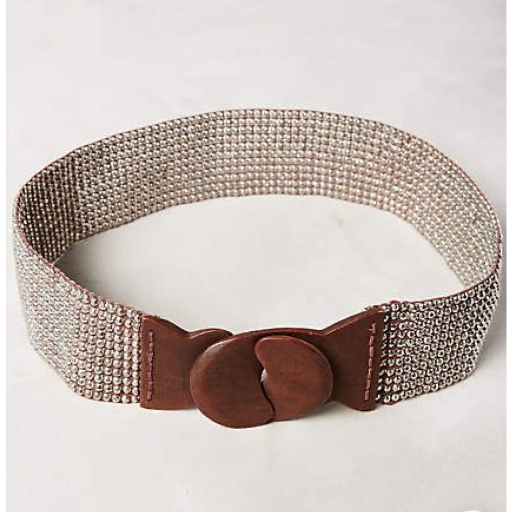 Anthropologie Silver Rhinestone Stretch Belt with Brown Buckle